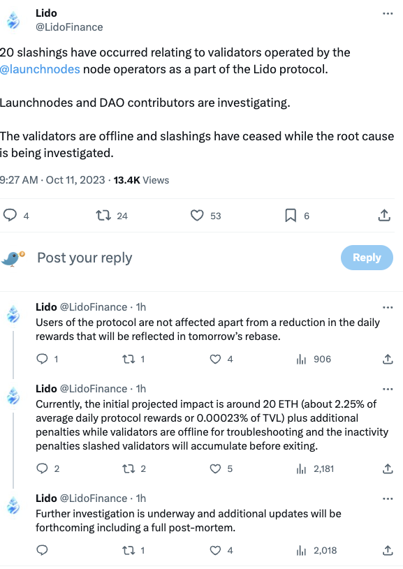 Lido:Launchnodes运营的验证器已发生20次削减,初步影响约为20ETH,正在调查根本 Lido:Launchnodes运营的验证器已发生20次削减,初步影响约为20ETH,正在调查根本