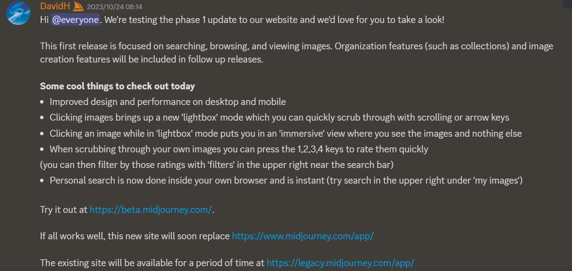 Midjourney:正在测试新网站,第一个版本将重点关注搜索浏览等功能