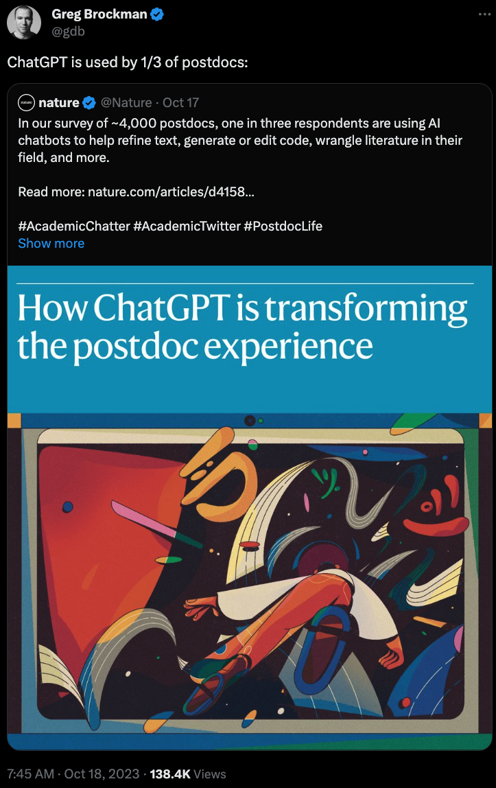 Nature | 全世界1/3博士后每天使用 ChatGPT,不用 AI 工具影响找工作