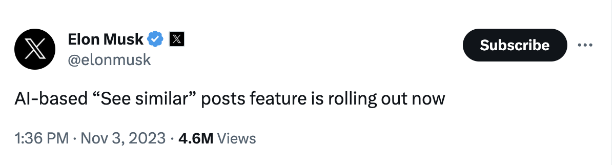 马斯克公布 X(推特)新功能,基于 AI 技术推荐类似贴子