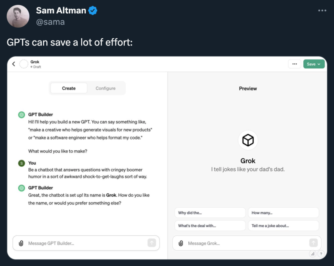 太疯狂,GPTs上线:奥特曼表演手搓马斯克大模型,还有人已搞出第三方市场(附教程)