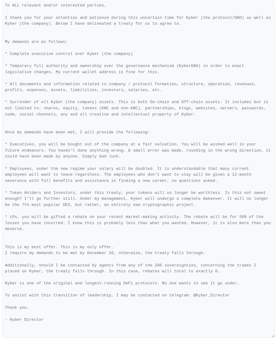 黑客变「Kyber董事」？KyberSwap攻击者扬言要接管协议