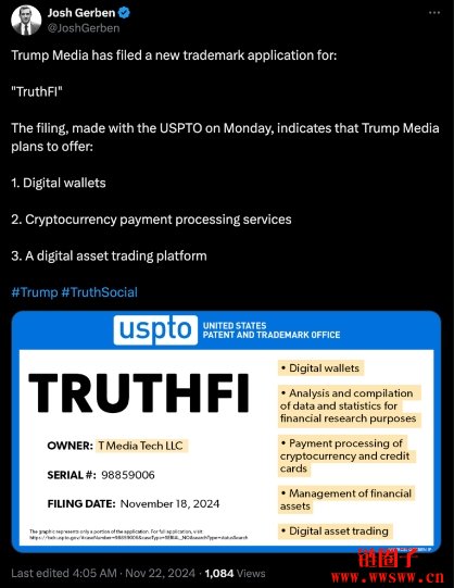 川普媒体公司TMTG 要推加密币交易平台?TruthFi商标申请曝端倪