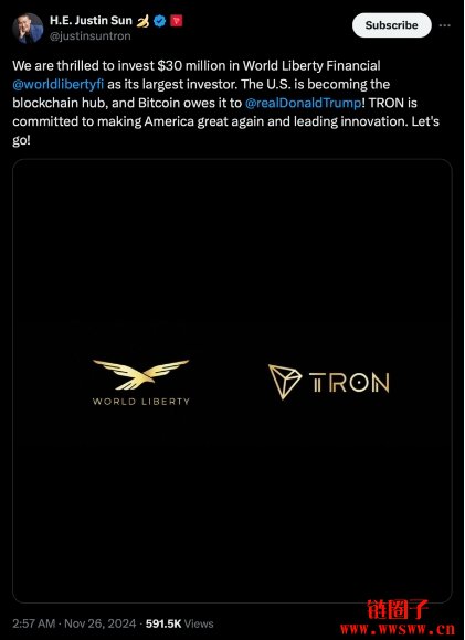 孙宇晨豪3千万美元买WLFI,成World Liberty Financial最大投资人