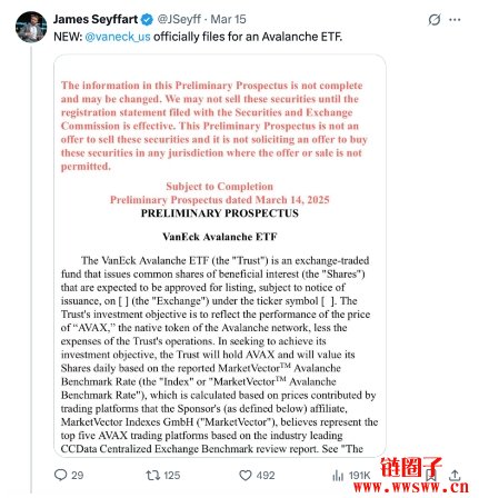 ETF 发行机构VanEck向 SEC提交 Avalanche ETF申请书